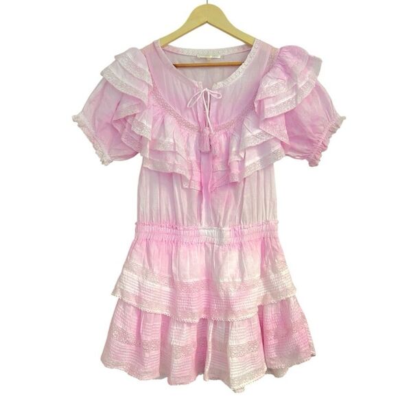 LoveShackFancy Liv Tie Dye Pink Lace Ruffle Mini Dress, Size Large - Picture 3 of 12
